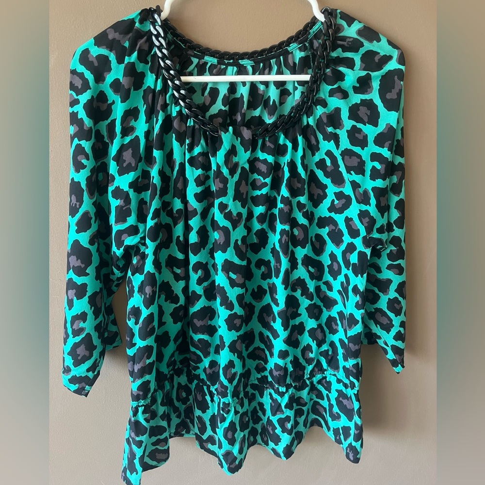 Turquoise and Black Leopard Print Blouse - Picture 5 of 14